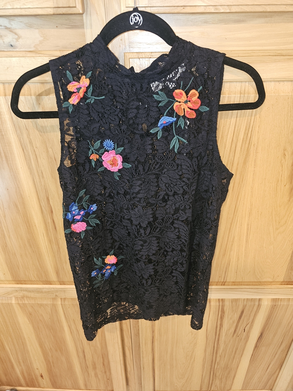 LOFT Black Lace Sleeveless Camisole with Bright Floral Embroidery
